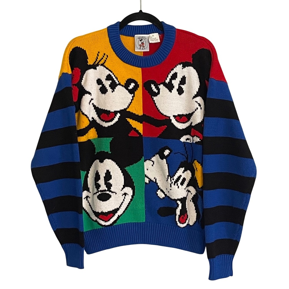 Vintage Mickey & Co Colorblock Pop Art Sweater Mickey Minnie Goofy Blue Medium